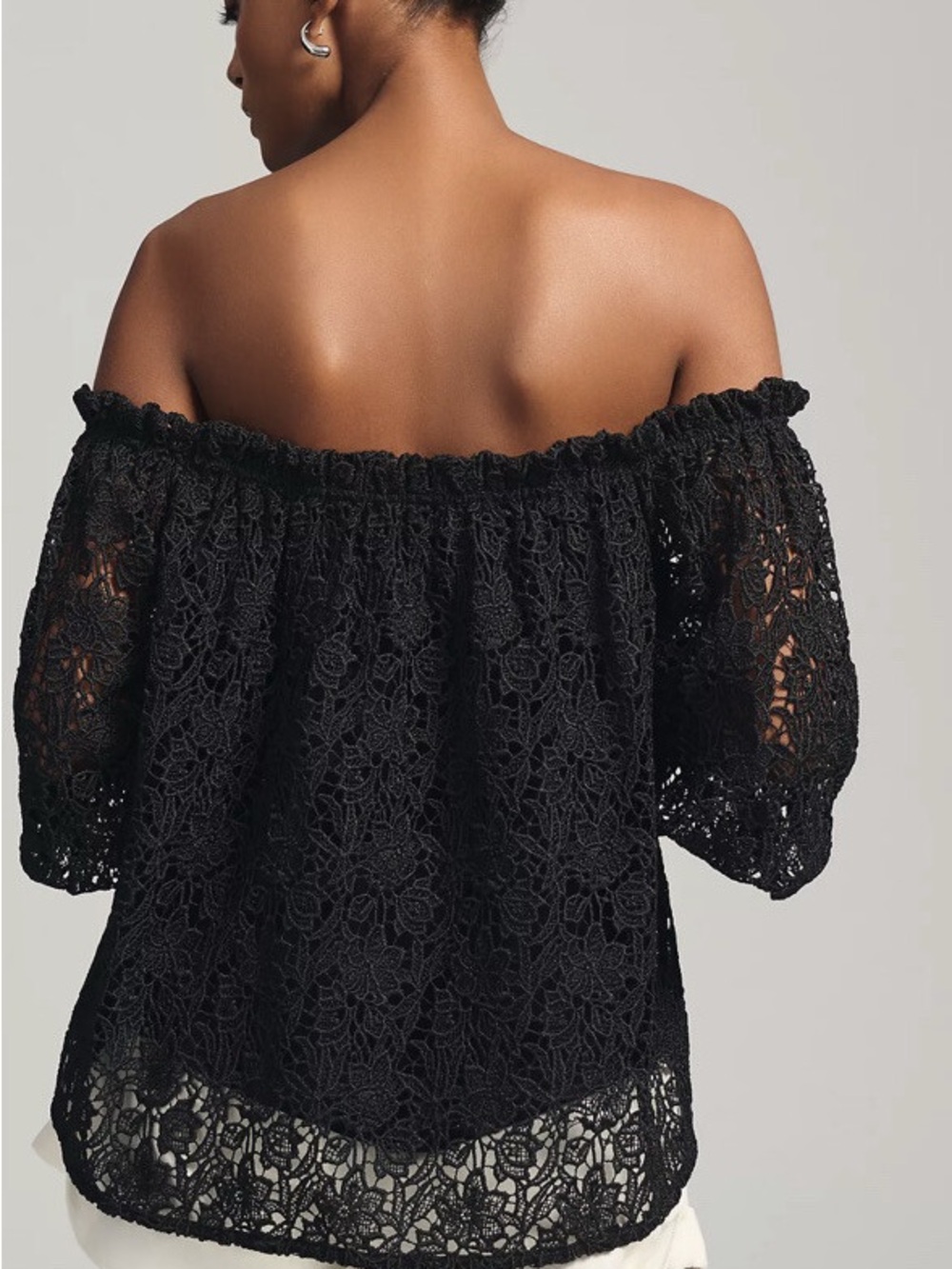 Anthropologie Black Off-the-Shoulder Lace Crop Top - Picture 6 of 7